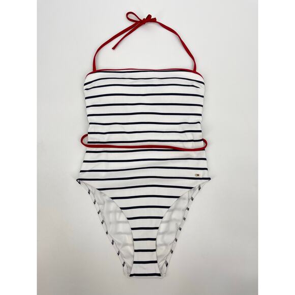 Tommy Hilfiger | NWT The Sofia Capsule Bandeau Belted Swimsuit Navy White Stripe - Picture 5 of 15